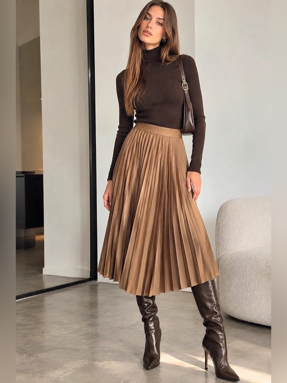 Network Luxe Satin-Look Pleated Midi Skirt – Camel / Bronze